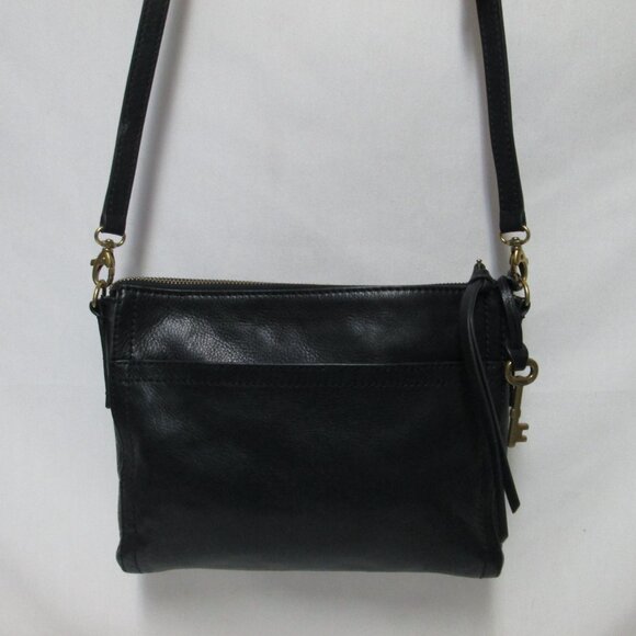 Fossil Leather black Crossbody Bag Purse zip top back slide pocket adjustable - Picture 5 of 13